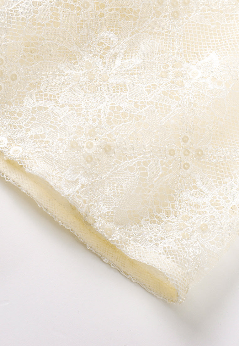Beige Lace Evening Dress with Belt