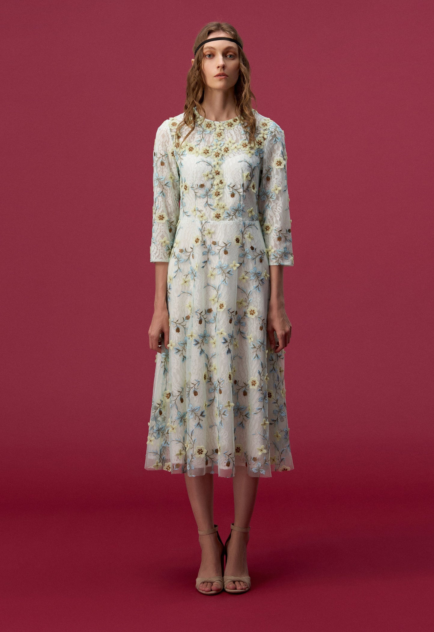 Floral Embroidered Long Sleeve Evening Dress