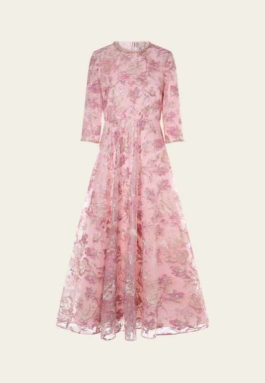 Floral-embroidery Embellished Maxi Mesh Dress