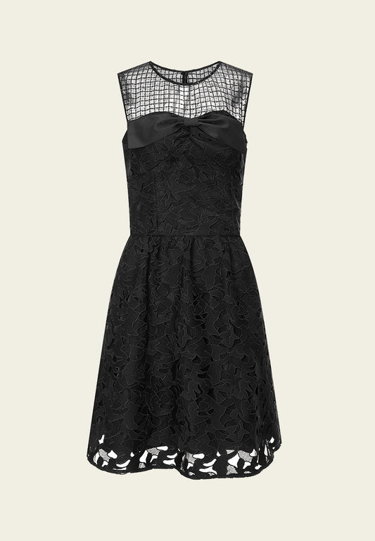 Black Lace Sleeveless Dress with Bow