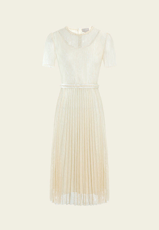Belted Pleated-detail Lace Dress