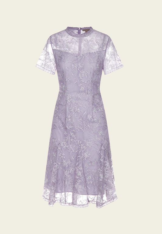 Lilac Ruffle-collar Embroidered Mesh Lace Dress