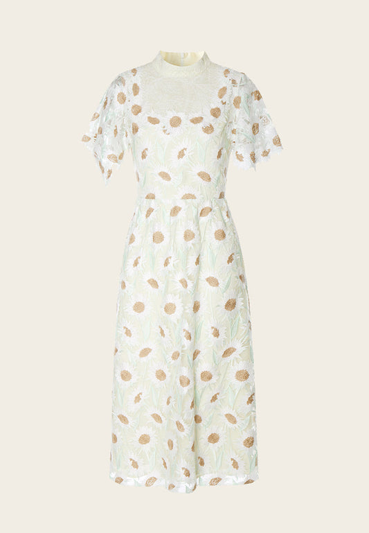Chamomile Mix Lace Stand Collar Cocktail Dress