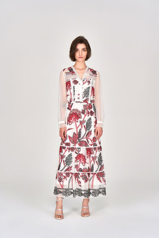 White Embroidered Tie-waist Maxi Dress