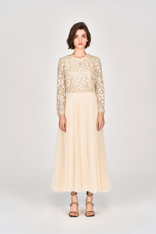 Beige Lace & Mesh Two-pieces Gown