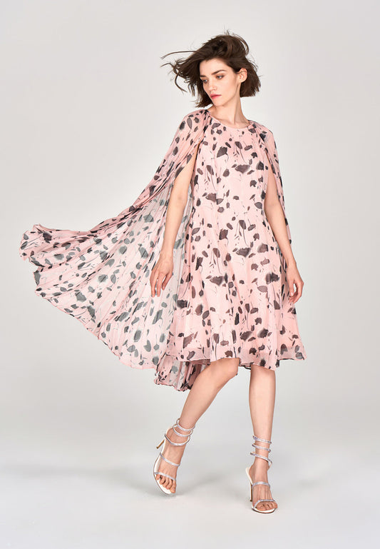 Pink Printed Chiffon Cape Dress