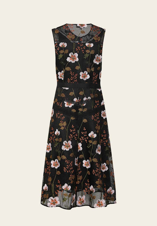 Floral Embroidered Sleeveless Cocktail Midi Dress